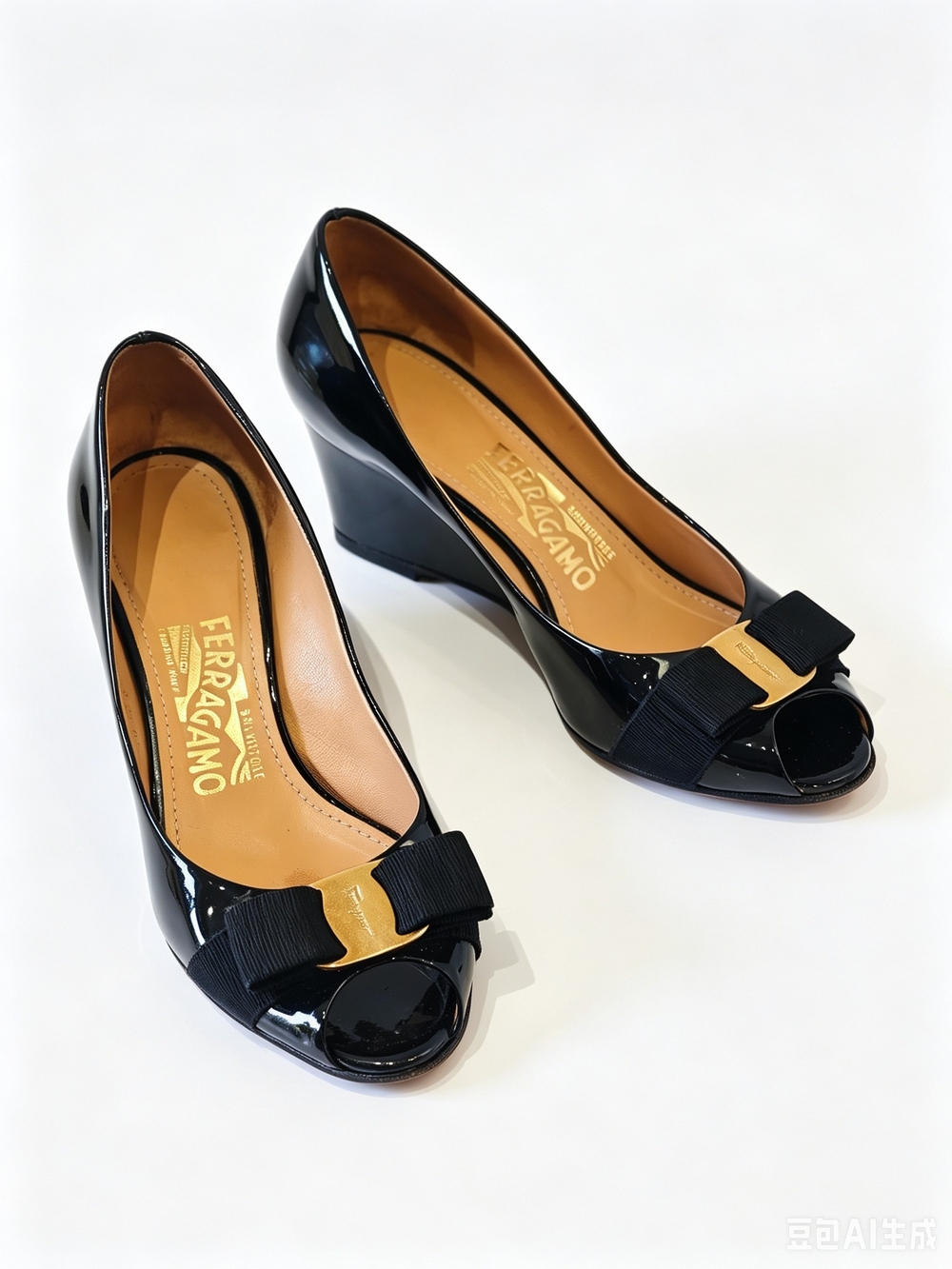 Salvatore Ferragamo black Patent Leather Peep Toe Wedge